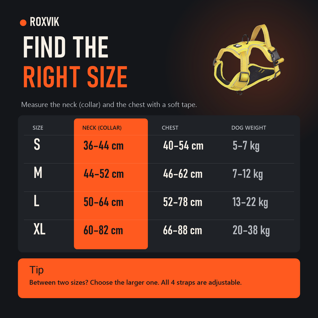 ROXVIK harness size guide: neck (collar) and chest in cm