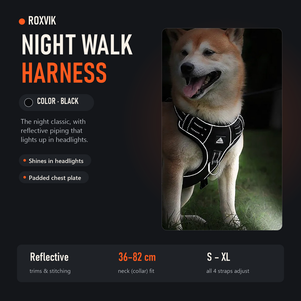 ROXVIK Night Walk harness in Black at night