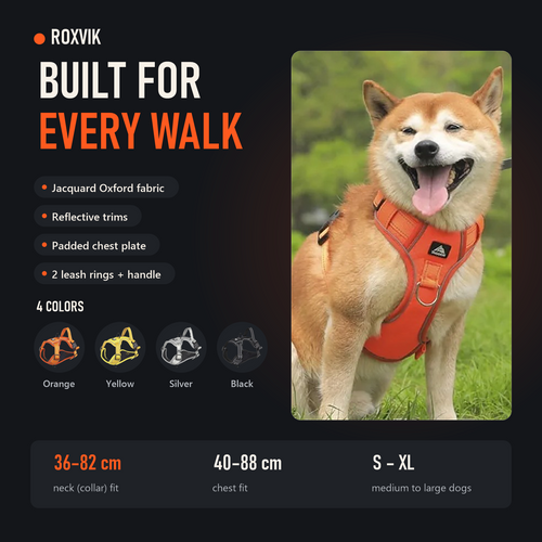 ROXVIK harness on a happy dog, with colors and neck sizes in cm